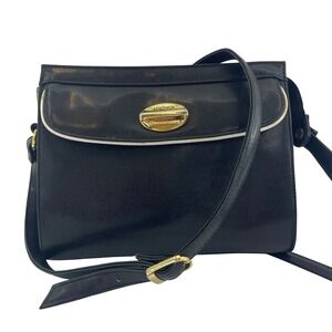 Vintage Perry Ellis America Leather Crossbody Bag Black 90s Minimalist Kennedy